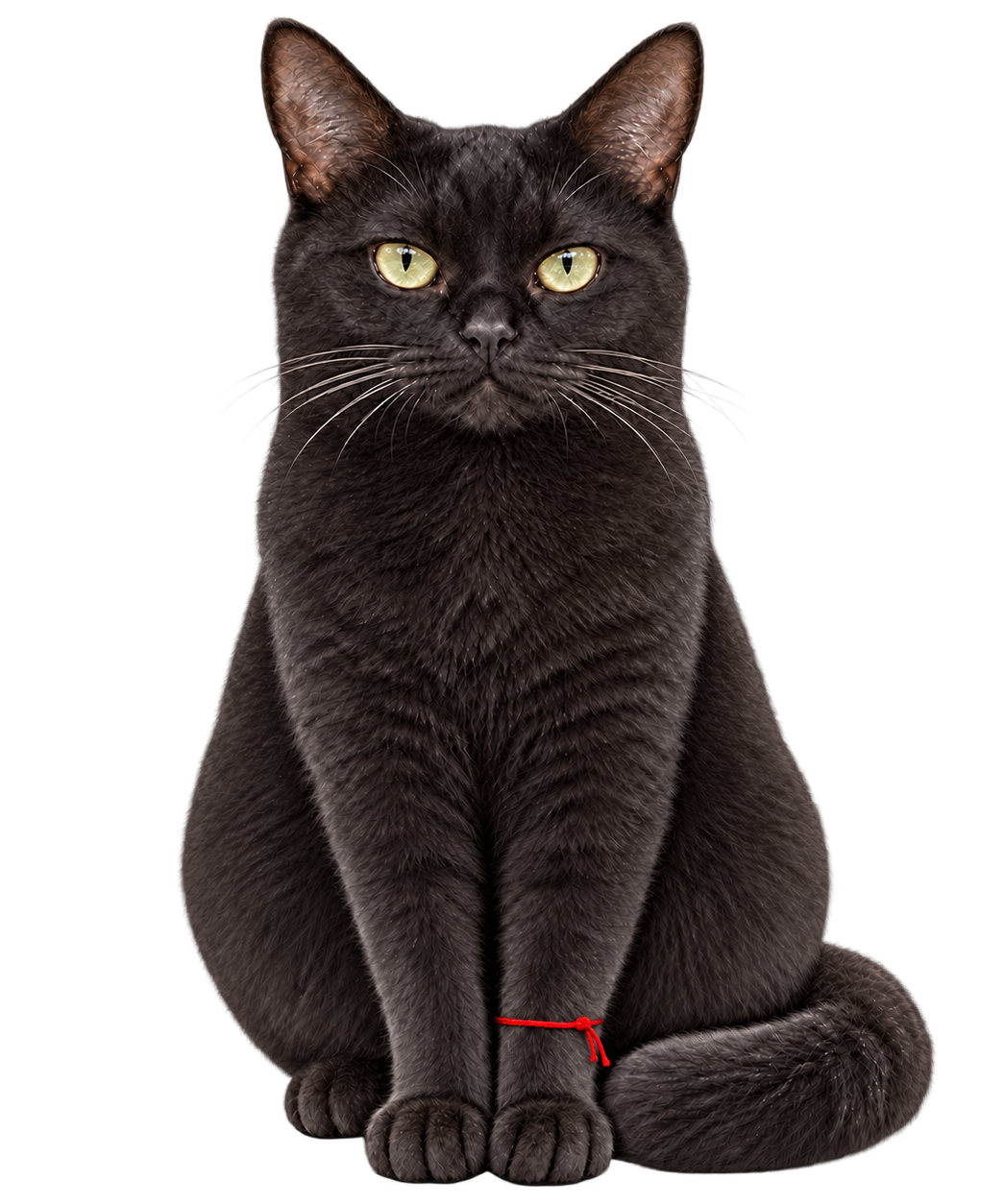 왼쪽 앞다리에 빨간 실을 묶은 검은 고양이 나나